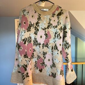 Zara Pink and Green Floral Knit Sweater
